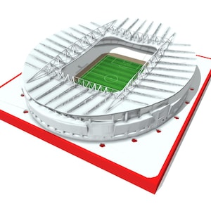 May include: A 3D model of a stadium with a green field, white seating, and a white roof structure. The stadium sits on a white base with a red border. The model is a detailed representation of a sports venue.