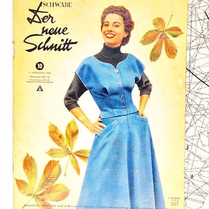 10/1954 "Der Neue Schnitt" oktober Vintage modetidning, sömnadsmönster och instruktioner