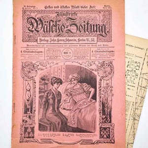 May include: A vintage pink newspaper titled "Wäsche-Zeitung" from Berlin, 1911, featuring illustrations of women and decorative floral elements. The newspaper has a detailed masthead and includes text in German. A map is partially visible.