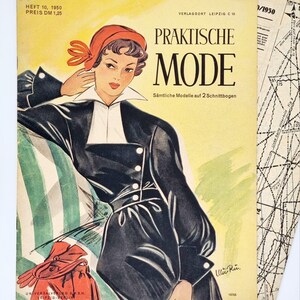 May include: A vintage magazine cover featuring a woman in a black dress and red hat. The magazine is titled "Praktische Mode" and the text "Sämtliche Modelle auf 2 Schnittbogen" is below the title. The cover is yellow with a green and white striped background.