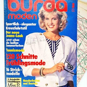 Más de 90 patrones, revista de moda vintage Burda Moden March 3/1986, patrones de costura e instrucciones