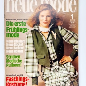Könnte beinhalten: Ein Magazincover mit einer Frau, die ein grün-weiß kariertes Hemd und eine grüne Weste trägt. Das Magazin heißt "neue mode" und zeigt den Text "Die erste Frühlings-mode" und "Faschings-Kostüme!"