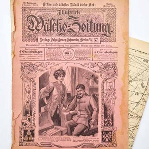 May include: Aged German newspaper, "Wäcke-Zeitung," from 1912, with a pink cover and decorative text and illustrations. The cover shows a man on the phone and a woman. The newspaper displays signs of wear and tear, indicating its age.