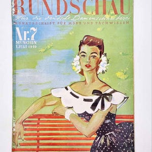 May include: A vintage 1949 Rundschau magazine cover featuring a color illustration of a person with dark hair wearing a white off-the-shoulder top with a black bow and a black polka-dot skirt, sitting on a red bench against a green background.
