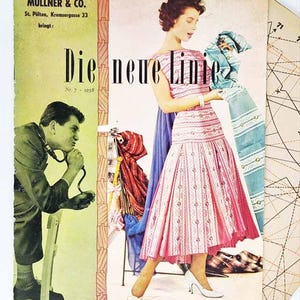 Puede incluir: Anuncio de moda vintage con una mujer con un vestido rosa estampado, sosteniendo una bufanda azul. El texto en alemán dice "Die neue Linie" y "unwiderstehliche Mode 1958!" con el logo MÜLLNER & CO. De 1958.