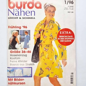 May include: A magazine cover featuring a woman wearing a yellow trench coat adorned with butterfly patterns. The magazine title is "burda Nähen" with the text "LEICHT & SCHNELL" below. Additional text includes "Frühling '96" and "EXTRA: TRENCHCOATS IN DEN STOFFHITS DER SAISON."