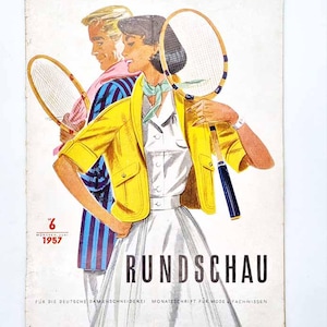 May include: A 1957 Rundschau magazine cover featuring an illustration of two people holding tennis rackets. The person in the foreground wears a yellow jacket and white skirt, while the person behind wears a blue and purple striped shirt.