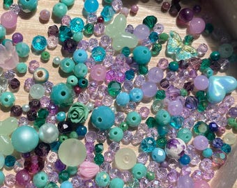 Purple & Sea Green Bead Soup, Chain Extender, Makes Multiple Pieces of Jewelry, Fun Bead Art Kit Bead Confetti Scoop, Mostly Glass Beads 50g