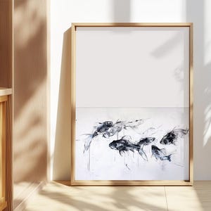 Arte de pared minimalista con peces - Impresión delicada de acuario - Elegante obra de arte con peces de colores - Póster de vida acuática apacible - Estética de agua dulce - Arte de tinta básica
