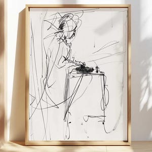 Puede incluir: Un dibujo en blanco y negro de una persona sentada en una mesa, posiblemente un DJ mezclando música. El dibujo está hecho en un estilo suelto y gestual.