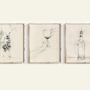 3er Set - Rustikale Wein-Set Wandkunst - Minimaler Druck im Weinberg-Stil - Elegante Weinrebe Kunstwerk - Vintage Flasche und Glas - Einfache Cheers Art