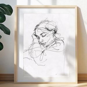 Retrato sereno de una mujer dormida, arte de pared, impresión de una mujer tranquila, boceto de un rostro tranquilo y pacífico, obra de arte de expresión suave de una chica de líneas elegantes
