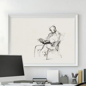 Elegante literarische Wand Kunst - Minimalistische Buch Skizze Druck - Ruhige Leser in Stuhl Poster - Gelassene Studie Zeichnung - Modernes Kunstwerk
