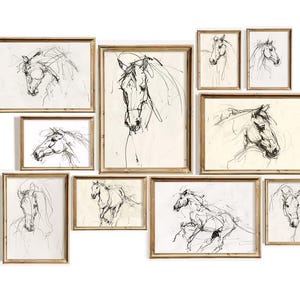 Set van 10 - schetsen paard kunst aan de muur - gestroomlijnde paardenschets - minimalistisch ros - vintage dierenprint - elegante woondecoratie - eenvoudige hengst