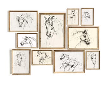 Set of 10 - Horse Wall Art Sketches - Sleek Line Horse Sketch - Minimal Steed - Vintage Animal Print - Elegant Home Decor - Simple Stallion