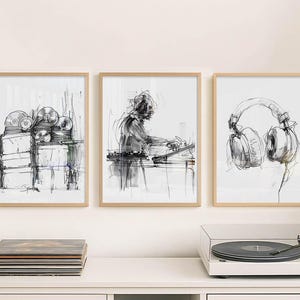 Abstract DJ Wall Art - Set of 3 – Vinyl Records Sketch Print - Mixing Console Poster - Vintage Headphones Drawing – Modern Music Artwork