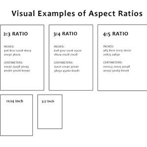 May include: A white graphic with the text "Visual Examples of Aspect Ratios" and examples of 2:3, 3:4, and 4:5 ratios, with inch and centimeter measurements. Additional examples include 11:14 inch and 5:7 inch ratios.