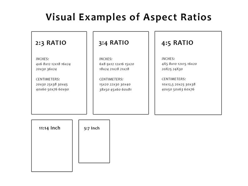 May include: A white graphic with the text "Visual Examples of Aspect Ratios" and examples of 2:3, 3:4, and 4:5 ratios, with inch and centimeter measurements. Additional examples include 11:14 inch and 5:7 inch ratios.