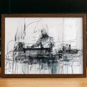 May include: A framed abstract art print featuring a DJ at work. The artwork is a black and white sketch with dynamic lines and shapes, depicting a person at a mixing console. The frame is a dark brown color.