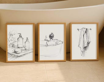 Set of 3 - Soft Bathroom Wall Art – Relaxing Bath Sketch Print – Minimal Spa Poster – Vintage Elegant Towel Drawing – Rustic Soap Artwork