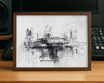 Abstracte schetsdruk muziekstudio – moderne muurkunst geluidstechnicus (digitale download)