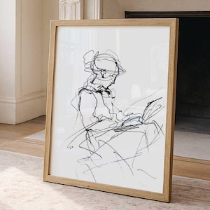 Väggkonst för kvinna som läser en bok - Avslappnad läsarskiss - Samtida linjeteckning - Intellektuellt kvinnligt konstverk - Abstrakt minimalistisk utskrivbar