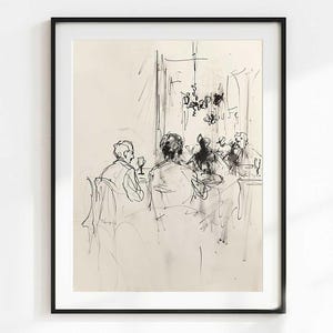 Peut inclure: Dessin au trait encadré en noir d'une scène de restaurant. L'œuvre représente plusieurs personnages assis à une table, avec un lustre visible en arrière-plan. Le dessin est réalisé dans un style libre et expressif.