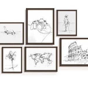 6er Set - Vintage Touristen Wandkunst - Anmutige Forscher Skizze Druck - Gelassene Reise Zeichnung - Modernes Abenteuer Ruhiges Ziel Kunstwerk