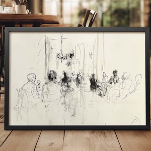 Croquis vintage de restaurant bondé - oeuvre d'art murale abstraite de scène de bistro - impression de croquis de bar cosy - affiche de soirée chaude - dessin de café animé