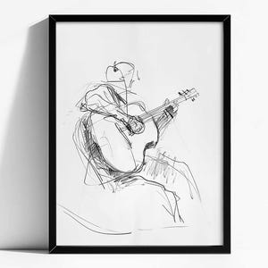Könnte beinhalten: Schwarz-Weiß-Skizze eines Musikers, der eine Akustikgitarre spielt. Das Kunstwerk ist eine minimalistische Strichzeichnung, gerahmt in einem schwarzen Rahmen. Der Musiker sitzt mit Kopfhörern.