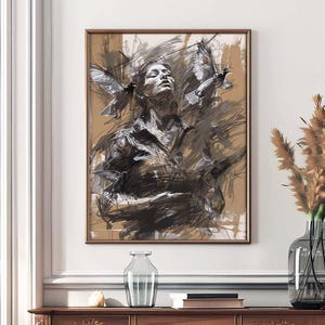Frau mit Vögeln Wandkunst - Elegante Freiheit Skizze - Elegante Freiheit Zeichnung - Schnelle raue abstrakte Figur - Moderne Peace Szene Natur Poster