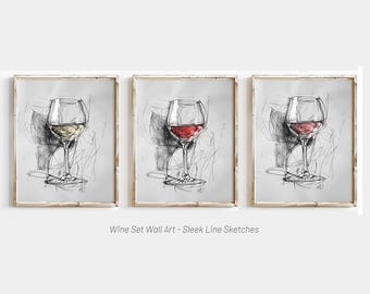 Set of 3 - Wine Set Wall Art - White Red Rose Print - Refined Abstract Wine Trio Drawing – Vintage Minimal Sketch – Elegant Glasses Poster