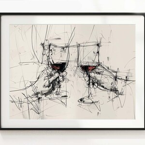 Può includere: Stampa artistica astratta di due calici di vino rosso, tenuti in mano. L'opera è uno schizzo con linee nere su sfondo crema, incorniciato in nero.