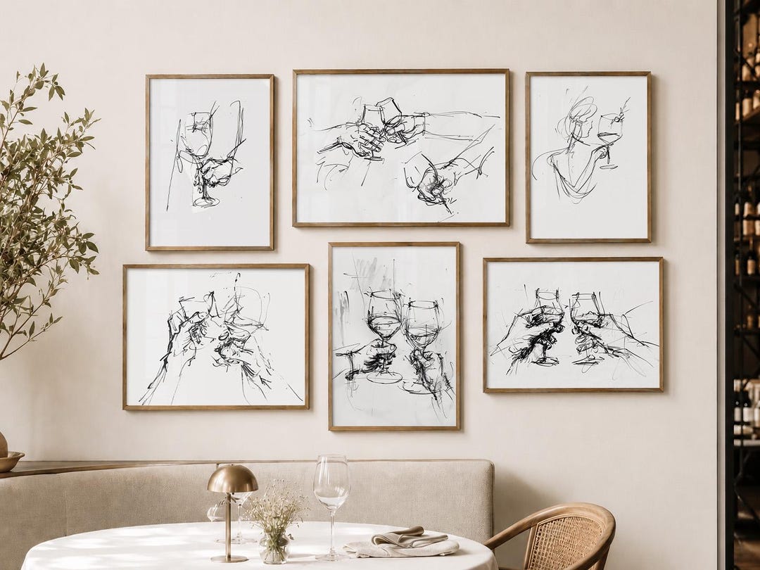 Abstract Toast Toast Sketch Print Set – Abstract Cheers Wall Art - Clinking Glasses ...