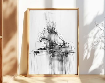Abstract Turntablism Wall Art – Music Vinyl DJ Sketch Print – Modern Club Poster – Dynamic Hip Hop Scratch Drawing – Bold Rap Beat Artwork