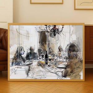 Abstract Dining Scene Wall Art - Elegant Restaurant Print - Bistro Room Drawing - Modern Cafe Ambience Artwork - People Tasting Fast Sketch