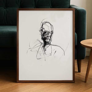 Arte mural con retrato lineal surrealista: boceto humano tosco, impresión de rostro minimalista, contorno abstracto de cabeza, dibujo expresivo, obra de arte de forma moderna.