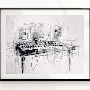 May include: Monochrome art print depicting a music studio. The image shows a keyboard, speakers, and other studio equipment, created with a sketchy, abstract style. The print is framed in a black frame.