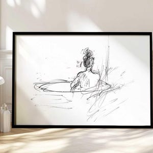 Elegante Badeszene Wandkunst - Zarte Frau im Badezimmer Druck - Sanfte Schönheit Skizze - Duschen Poster - Minimalistische Weibliche Zeichnung