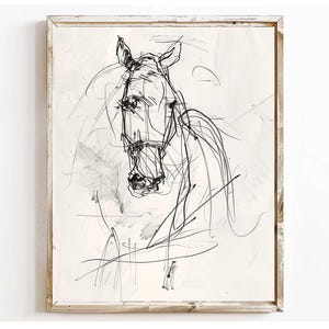 Elegante Pferdeskizze, schlankes Ross, minimaler Hengst, einfaches Fohlen, subtiles Tier, klassische Fauna, zeitloser Araber, loser Gestüt, figurativ, sauber vom Bauernhof