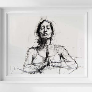Elegante arte murale per meditazione - Stampa di una donna aggraziata - Schizzo di ritratto yoga sereno - Disegno zen moderno - Opera d'arte femminile astratta tranquilla