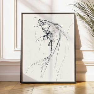 May include: A black and white line drawing of a fish leaping out of the water. The drawing is framed in a black frame and is hanging on a white wall.
