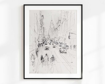 May include: Black and white sketch of a city street scene, framed in black. The artwork depicts a busy street with cars, pedestrians, and tall buildings. The Chrysler Building is visible in the background. The style is loose and expressive.