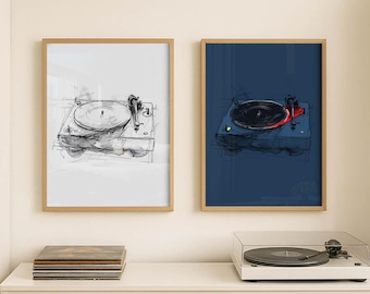 Elegant Turntable Set Wall Art – Classic Record Player Sketch Print – Dual Modern Music Poster – Vinyl Style Drawing – Unique Audio Artwork