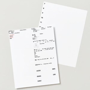 May include: A white medical chart with black text and a hand-drawn diagram of a human body. The chart includes sections for patient information, vital signs, medications, and other medical details.