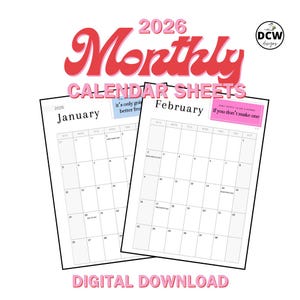 2026 Monthly Planner Calendar Sheets | Digital Download PDF