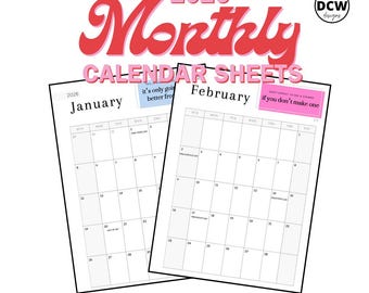 May include: A digital download of 2026 monthly calendar sheets. The design features the word "Monthly" in a retro font, with the months of January and February displayed. The text "DIGITAL DOWNLOAD" is also included.