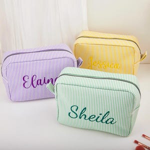 Personalized Makeup Bag, Embroidered Seersucker Cosmetic Bag, Custom Bridesmaid Gift, Monogrammed Toiletry Pouch, Bridal Party Gifts
