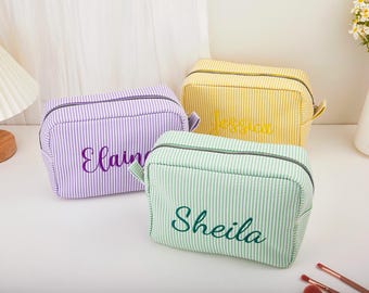 Personalized Makeup Bag, Embroidered Seersucker Cosmetic Bag, Custom Bridesmaid Gift, Monogrammed Toiletry Pouch, Bridal Party Gifts