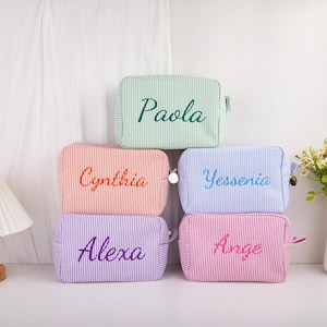 Monogrammed Seersucker Toiletry Bag, Custom Embroidered Makeup Bag, Bridesmaid Gift, Seersucker Cosmetic Bag, Christmas Gift, Gift for Her